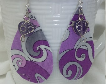 Teardrop Fabric Earrings: Purple Swirls, Glass Heart Charm