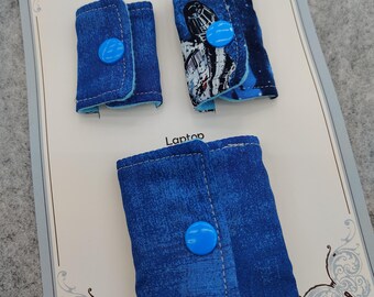 Cable Organizer Blue Grunge Fabric Cord Keepers: Phone, Tablet, Laptop - Set of 3
