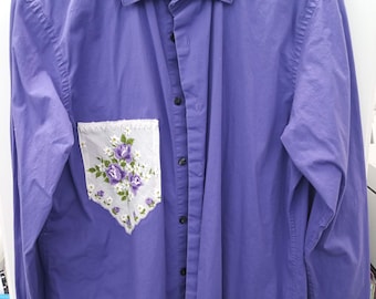 Upcycled Purple Dress Shirt with Vintage Handkerchief Detail