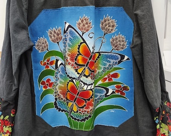 Upcycled Black Denim Shirt: Women's Boho Patchwork Top