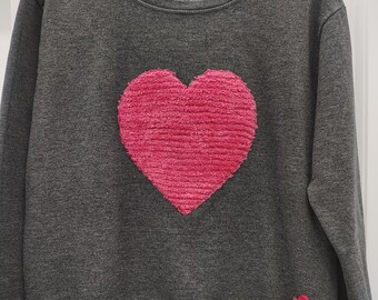 Cozy Upcycled Sweatshirt: Women's Boho Chenille Heart, Size M