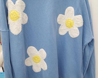 Cozy Upcycled Blue Sweatshirt: Chenille Flower Appliqué, Size XL