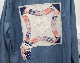 Upcycled Denim Shirt: Women's Patchwork Quilt Block Shirt (XXL)