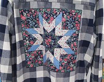Upcycled Flannel Shirt: Women's Boho Patchwork Quilt Block, XL