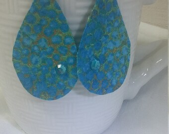 Blue & Gold Fabric Earrings: Lightweight Teal Jewel Earrings