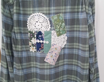 Upcycled Flannel Overshirt: Boho Patchwork, Sustainable Clothing (Size M)