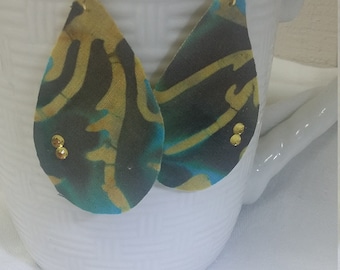 Batik Fabric Earrings: Lightweight Brown & Blue Teardrop Earrings
