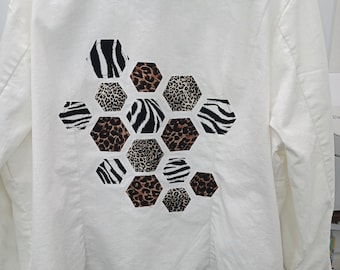 Upcycled White Denim Jacket: Women's Boho Animal Patchwork, Size XL