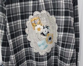 Upcycled Flannel Overshirt: Boho Patchwork with Bee & Crochet Doily