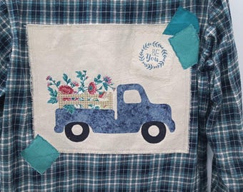 Upcycled Cozy Flannel Shirt: Blue Truck Patchwork, Boho Chic (Size L)
