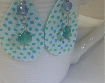 Teardrop Fabric Earrings: Blue & Green Polka Dot with Glass Beads