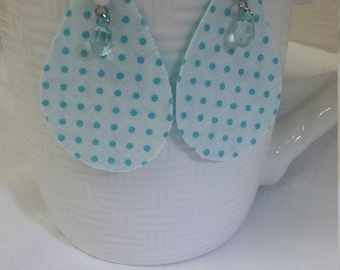 Blue Polka Dot Teardrop Fabric Earrings: Beaded Dangle