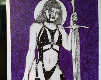 May include: A black and white illustration of a woman wearing a leather harness and holding a sword. The background is a purple color.