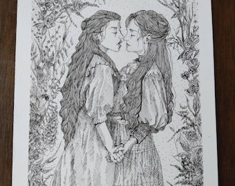 May include: A black and white pen and ink drawing of two women with long hair, wearing dresses, standing close together and looking at each other. They are surrounded by detailed floral designs.