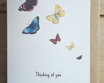 Thinking of you card. Butterfly card. Red admiral. Blue morpho. Hand painted butterflies. Recycled card. Hand made card