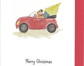 Border Terrier in a mini Christmas card. Mini cooper with a dog. dog in a car card. funny christmas card. dog driving a car. border terrier