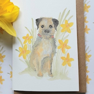 Border Terrier Karte. Lustige Karte. Border Terrier und Narzissen. lustige Karte. Border Terrier Frühlingskarte. Border Terrier Geschenk. Btposse