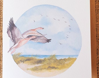 Geese card. Hand painted image  of Pink Footed Geese. Geese watercolour. Norfolk geese painting. Geese flying over Norfolk. Geese over beach