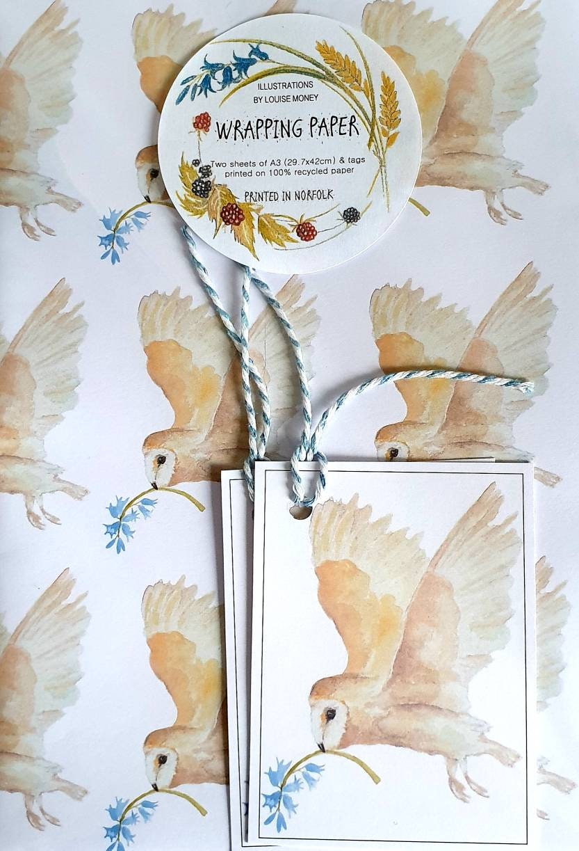 Barn owl & bluebell wrapping paper. Owl paper. Owl gift wrap. Barn owl paper. Owl and bluebell. 