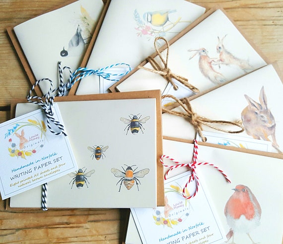 Hand made writing paper set wildlife image writing paper Writing paper set robin writingpaper.luxurystationery writing paper with a hare