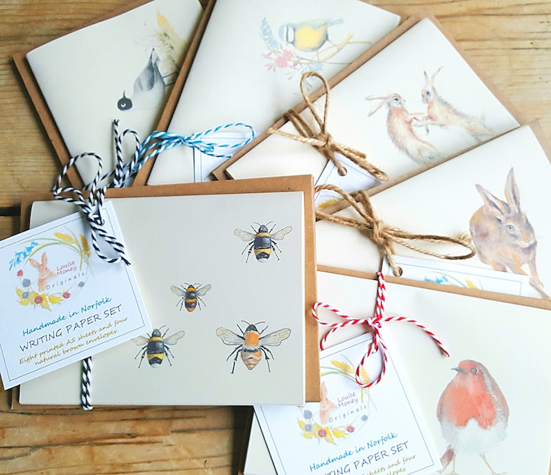 Hand made writing paper set wildlife image writing paper Writing paper set robin writingpaper.luxurystationery writing paper with a hare