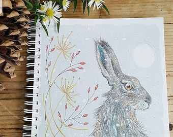 Hare notebook. hare journal. Hand made. Originally hand painted watercolour image. square notebook. hare gift. wildlife gift. nature gift