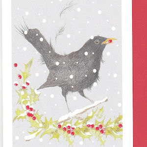 Amsel Weihnachtskarte. Weihnachtskarte mit einer Amsel. Lustige Weihnachtskarte. Vogel Weihnachtskarte. Gartenvogel. Amsel mit Beeren