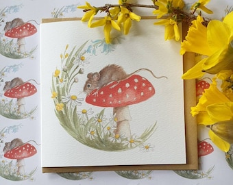 Mouse greeting card.  mouse card. originally hand drawn art. Hand made card. wildlife gift. mouse card. harvest mouse painting