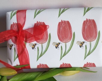 Tulip and bees wrapping paper.  Gift wrap with tulips and bees. Tulip wrapping paper. Red tulips. Tulips and bees. Spring wrapping paper