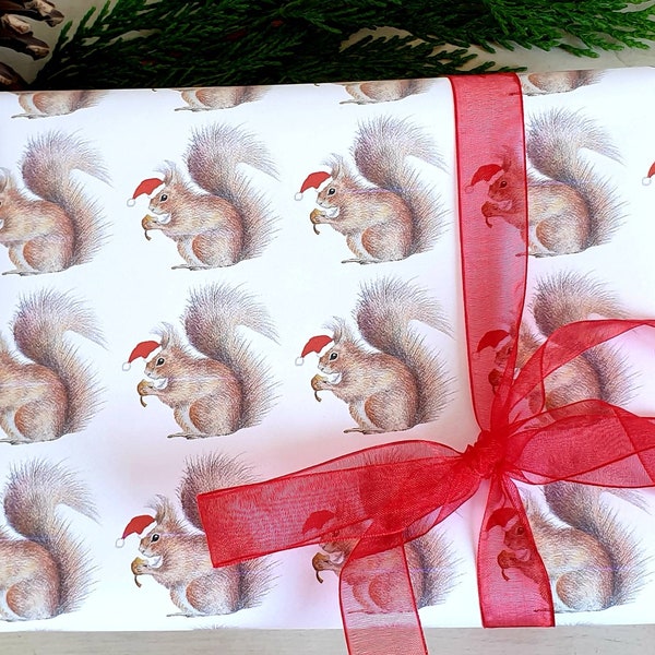 Squirrel Christmas wrapping paper. Christmas paper with a squirrel. Wildlife Christmas wrapping paper. Squirrel gift wrap. Red squirrel