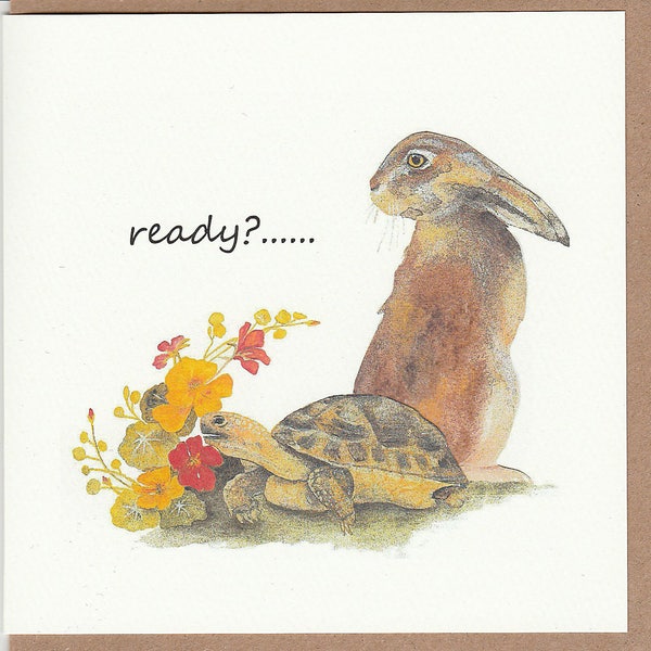Tortoise and the hare card. hare watercolour. tortoise watercolour. card with a tortoise and a hare. original illustration. art card.