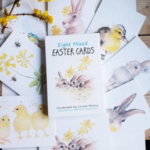 Cartes de Pâques. Lot de huit cartes de Pâques. Poussins de Pâques. Lapins de Pâques. Lièvre de Pâques. Lot de plusieurs cartes de Pâques. Paquet de cartes de Pâques.