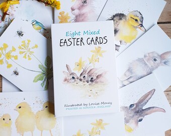 Easter notecards. Pack of eight Easter cards. Easter chicks. Easter bunnies. Easter hare. Multi pack of Easter cards. Pack of Easter cards.