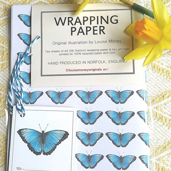 Butterfly wrapping paper. blue butterfly paper. paper with butterflies. gift wrap and tags with butterfly. butterfly gift wrap and tags