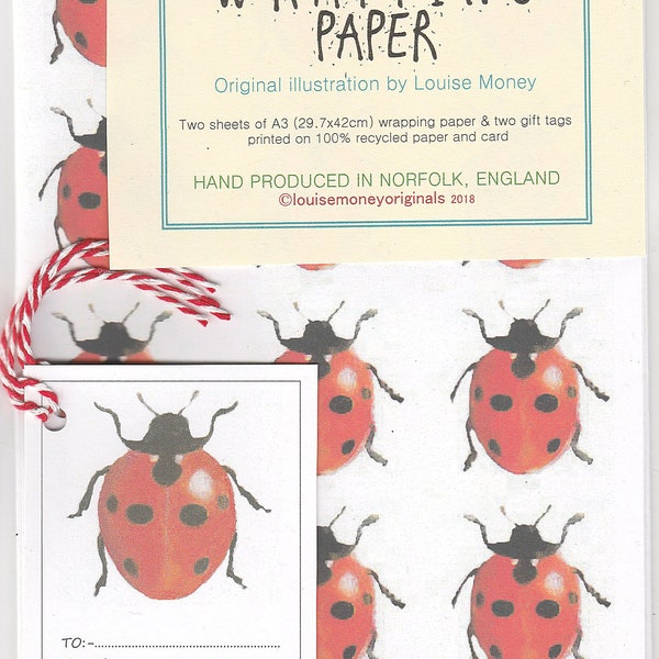 Ladybird wrapping paper. Wrapping paper with a ladybird. Original artwork. ladybug gift wrap. ladybird gift. Bishy barnabee. lady bird