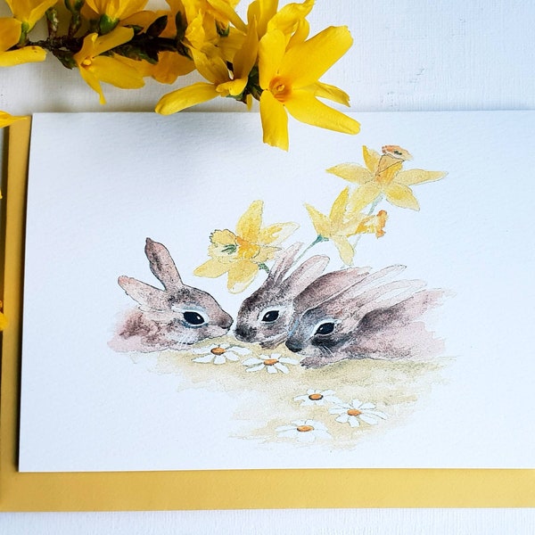 Bunny card. Bunnies in spring. Bunny card. spring bunny card. hand made card. Bunny watercolour card. happy bunny. Bunnies