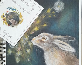 Hare notebook. hare notebook. Hand made. Originally hand drawn image. square notebook. hare gift. wildlife gift. naturegift