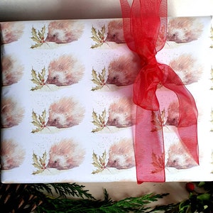 Hedgehog christmas wrapping paper. gift wrap with hedgehog. hedgehog christmas. wildlife wrapping paper. paper with a hedgehog. hedgehoggift