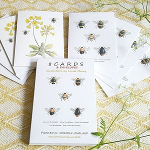 Bienen Kartenspiel. Multipack von acht Karten, vier Biene und vier Schlüsselblume und Bienen. Hummel Karten. Frühlings Karten. Geschenkpackung handmade