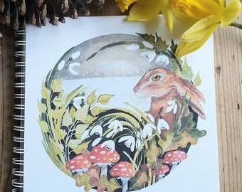 Hare notebook. hare journal. Hand made. Originally hand painted watercolour image. square notebook. hare gift. wildlife gift. nature gift