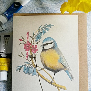 Blaumeise Karte. Blaumeise mit Glockenblume und Campion. Vogelkarte. Britischer Gartenvogel.