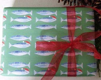 Fish Christmas wrapping paper. Mackerel christmas wrapping paper. Fish wrapping paper. Fish gift wrap. Fish in a santa hat. christmas wrap