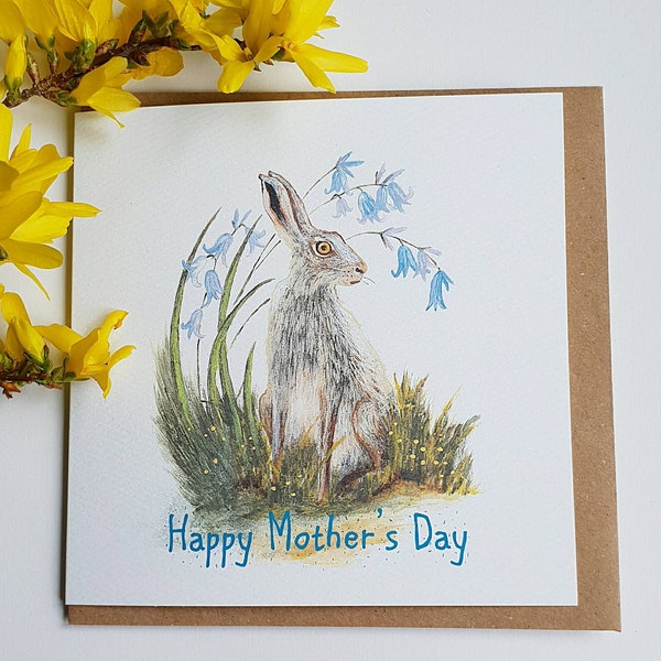 Hare Mother's Day card. Hare with Bluebells for mothers day. mothers day gift. hand made card for mothers day. hare watercolour.