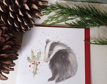 Badger Christmas card.  Card with a badger. Badger and holly. Badger card. Badger gift. Christmas card. Wildlife Christmas card. Woodland