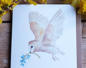 Barn owl and bluebell. Owl card. Romantic card. Owl card. Rustic card. Barn owl card. Easter card. Spring card. Card for Easter. Bluebells