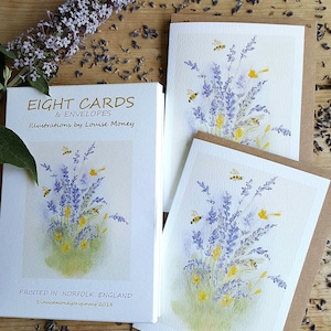 Lavendel Grußkarte. Notizzettel mit Blumen. Lavendel, Butterblumen und Bienen. Honigbienen. Blumen-Karte. Originalkunstwerk. Lavendel geschenk. Norfolk