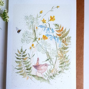 Zaunkönig Karte. Aquarell Karte mit Zaunkönig. Karte mit einem Zaunkönig. Zaunkönig Geschenk. Zaunkönig vorhanden. Britische Vogelkarte. Vogelkarte. Gartenvogel Karte.