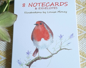 Robin notecards. Two Robin designs featured in a notecard pack of eight cards and envelopes. Robin cards. British bird card. Robin gift pack