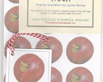 Apple paper. gift wrap and tags with apples. apple painting. fruity wrapping paper. paper with an apple. birthday gift wrap. apples