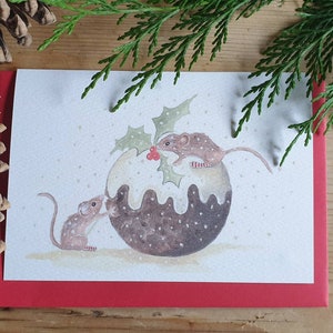 Mouse Christmas card. mouse card. originally hand drawn art. Hand made card. wildlife gift. mouse watercolour. Mice and Christmas pudding